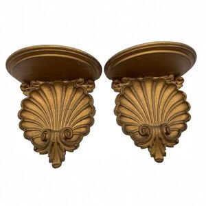 Pair Vintage Syroco Shell Design Wooden Shelves Wall Sconces Gold Gilt 9" X 8.5"